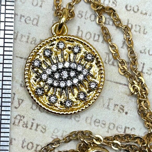 Yellow Gold Plated Evil Eye Symbol Pendant Charm Necklace With Clear Stones - Picture 9 of 9